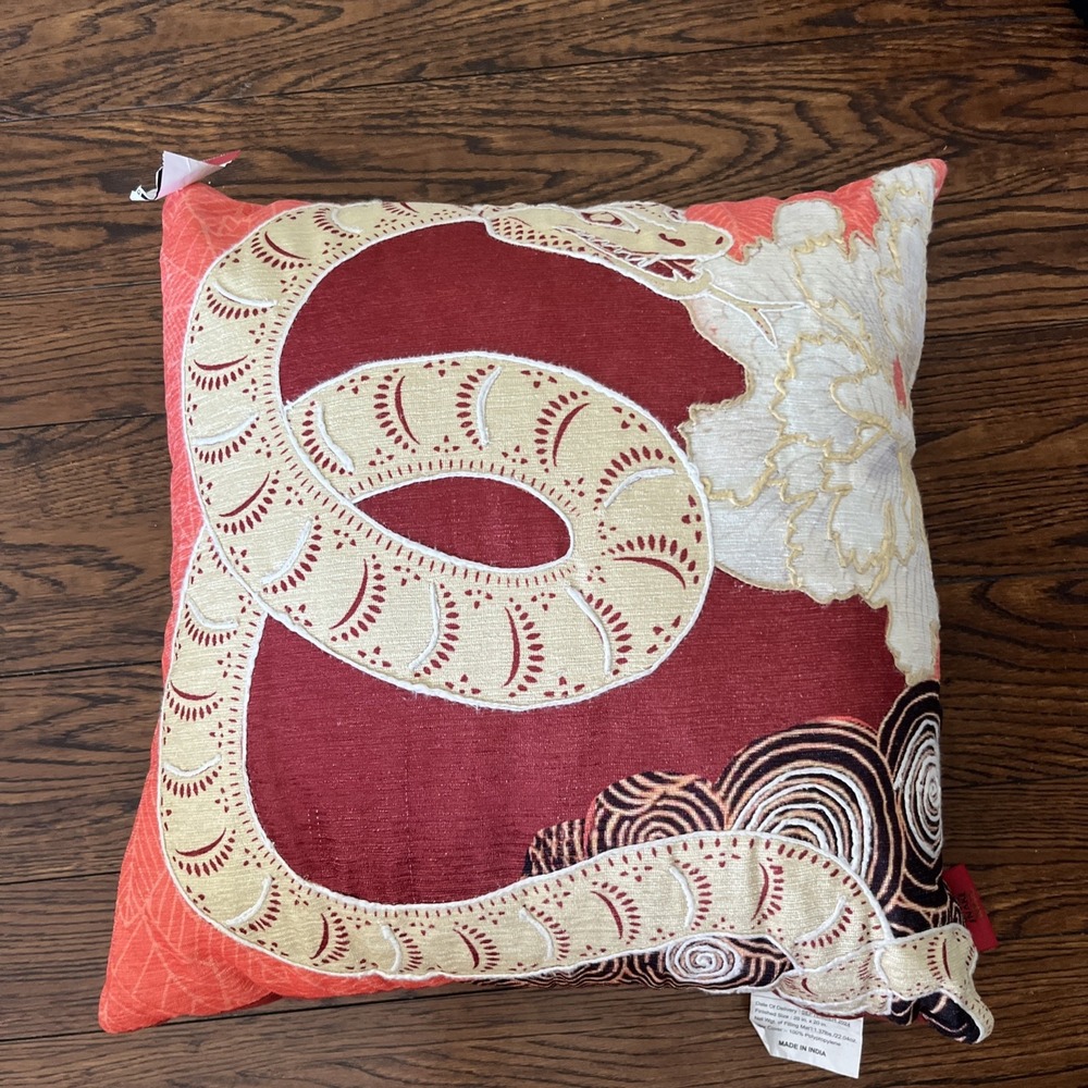 Year Of The Snake Chinese New Year Throw Pillow Orange Red Tan Embroidered 18"
